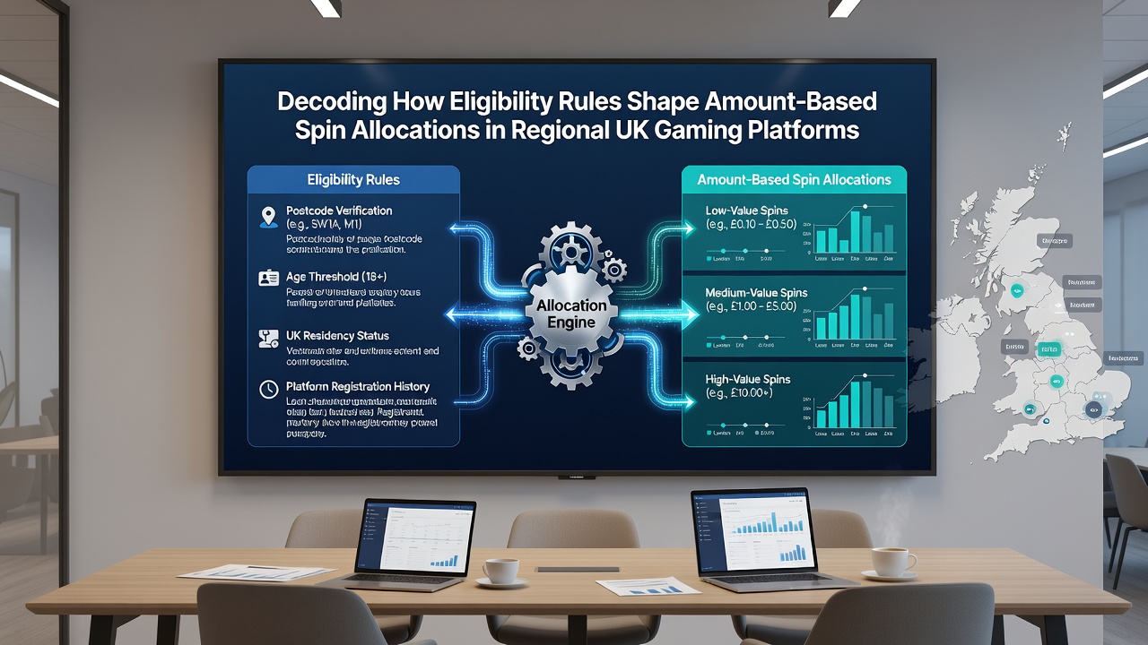 Infographic illustrating regional eligibility criteria and their effect on spin allocations based on deposit amounts in UK platforms